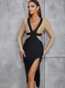 Vestidos casuales Negro Khaki Patchwork Bodycon Mujeres Vendaje Vestido elegante V Cuello Sin espalda Split Moda Celebrity Club Midi Vestido de fiesta