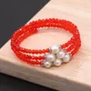 Bangle Christmas Red Crystal Bead Wrap Natural Freshwater White Pearl Bracelet Handmade Jewelry Cuff GB005