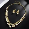 Halsband örhängen set faux pärla rhinestone blad dingle brud bröllop smycken halsband