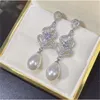 Vintage Pearl Diamond Dingle Earring Sterling Sier Wedding Drop Earrings for Women Bridal Promise Engagement Party Jewelry