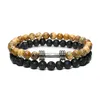 Bracelets porte-bonheur 2 pièces ensemble Bracelet perlé pour hommes 6MM perles de pierre naturelle hommes noir onyx lave Fitness haltère énergie guérison pour les femmes