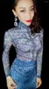 Noszenie sceniczne Niebieskie lampart nadrujnowe dysze dysze kobiety z długim rękawem Seksowne klubowe taniec impreza celebruj bodycon mini