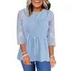 Blusas femininas elegantes 3/4 de manga peplum top para mulheres malha floral de verão três quartos chiffon spring salounge tunic camisetas azul