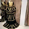 2023 Schwarze traditionelle kosovo-albanische Ballkleider mit goldener Spitze, muslimisch-arabische Langarm-Jacken-Kaftan-Abendkleid