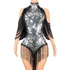 Scen Wear Shining Silver Sequins rygglös av axelklänning Sexig Tassel Leotard Dance Costume Nightclub Outfit Performance