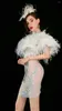 Stage Draag elegante witte veer van de schouder Korte jurk Sparkly Rhinestones Birthday Celebrate Prom Party Night Jurken Costume