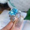 Women Wedding Rings Girls Romantic Sky Blue Artificial Crystal Zircon Diamond Bowknot White Gold Plated Platinum Ring Party Jewelry Birthday Present justerbar