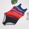 Women's Swimwear One Piece Bikini Fashion Conservative Gradient Striped Print Swimsuits Female Sexy Bodycon Beachwear Bathing Suits #Y