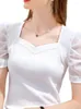 女性用Tシャツピンクアイスシルクファッションシャツ夏ヴィンテージホワイトソリッドレースエレガントなニットトップパフスリーブスリーブv女性のための首