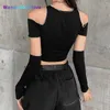 Women's T-Shirt Patchwork Black T-shirts Gothic One Shoulder Sleeve Y2k Crop Tops Ruffles Hem Hip Hop Techwear Women Tees 022223H