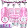 Engångsformad flatvaror rosa tänder bordsvaror set pappersplattor koppar folie ballonger borddukar baby shower tjejs födelsedagsfest levererar 230221