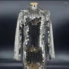 Stage Wear Shining Full Silver Mirrors Long Dress Women Birthday Prom Party Avond Celebried Rave Outfit Performance kostuum