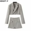 Vestido de dos piezas XEASY Moda para mujer Conjunto Vintage Un solo botón Blazer corto Mujer Cintura alta Asimétrica ALine Falda Estilo inglés Traje 230222