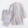 Vêtements de nuit pour femmes Printemps et été Japonais Kimono Style Femmes Gaze Coton Pyjama Ensemble Floral Imprimé Cardigan Pantalon