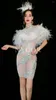 Scen Wear Elegant White Feather Off the Shoulder Short Dress Sparkly Rhinestones Födelsedag Firar Prom Party Night Dresses Costume