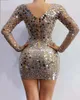 Stage Wear Sparkly Sequined Long Sleeve Short Dress Women Rhinestones Birthday Celebrate Party Mesh Transparent Sexy Club