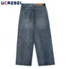 Männer Jeans Einfarbig Denim Hosen mit Gürtel Herren High Street Distressed Breite Bein Streetwear Lose Casual Hosen Männer 230222