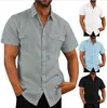 T-shirts pour hommes Nouvel été Chemise à manches courtes pour hommes T-shirt en lin Cardigan de couleur unie Souvent conception à double poche décontracté homme ample Fshion Shirt 022223H