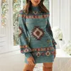 Повседневные платья Женские осенние и зимние упаковки Hip Mini Dress Western Ethnic Print Bohemian Skinny с длинным рукавом