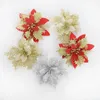 装飾的な花の花輪10pcsクリスマスキラキラ人工花レッドゴールドクリスマスツリーの装飾品のための大きな花の頭ナビダッドパーティーの装飾230221