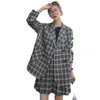 Two Piece Dress Spring Vintage Plaid Blazer and Pleated Skirts 2 Sets Autumn Women Preppy Style Double Breasted Elegant Suit Jacket 230222