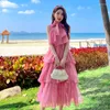 Casual Dresses French Style Holiday Super Fairy Ruffles Suspender Dress Women Summer Hanging Neck High End Pink Vacation Female