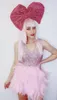 Sahne Giyim Sparkly Crystals Pembe Sırtsız Tüy Elbise Kadın Doğum Günü Partisi Headdress Show Performans Gece Kulübü Bar Dans Kostüm