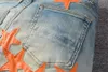 Новые мужские джинсы для парней Rip Slim Fit Shinny Man Pants Orange Star Patches в байкерском джинсовом растяжении Cult Stretch Motorcycle Morendy Long Hip Hop с дырой