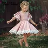 Flickaklänningar Baby Girls Princess Lacework Flare Sleeve Flower Elegant Lace Dress Pure Cotton Kids Clothes for Birthday Present