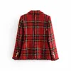 Women's Jackets Red Plaid Blazer Women Spring-Autumn Vintage Tweed Suits Jackets Office Ladies Chic Slim Blazers Girls Tassel Tops Set Coat 230222