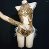 Stage Wear Sparkly Rhinestones Mesh Bodysuit Women Feather Leotard Dance Costume Nightclub Outfit Bar Party Celebrate Birthday Dress