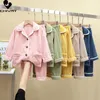 Pajamas Kids Boys Girls Autumn Winter Thicken Warm Soft Flannel Pajamas Solid Lapel Tops with Pants Sleepwear Pyjamas Clothing Sets 230222