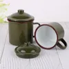 Tassen, Untertassen, 370 ml, Retro, unzerbrechlich, kochbar, beheizbar, Emaille-Tasse, Army Olive, Kaffee- und Teebecher für Küche, Outdoor, Camping, Reisen, Heimdekoration