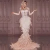 Scen Wear Sparkly Rhinestone Feather Trumpet Tail Dress Elegant Women Long Birthday Celebrate Prom Party Night Dresses Costume