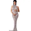 Stage Wear Sexy Mesh Celebrate Evening Wedding Prom Gown Birthday Dress Pograph Sparkly Silver Sequins Rhinestones Sleeveless