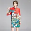 Party Dresses 2023 Summer Women Bat Sleeve Chinese Buckle Turtle Collar Causal Vinatge Dress High Street Cartoon Printed Cheongsam Loose