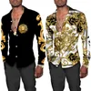 Camisas casuais masculinas Golden Lion Pattern Estampa 3D Camisas masculinas Manga comprida Colar aberto com botão Tops Moda Estilo barroco Roupas streetwear masculinas 230222