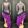 Abiti casual Luxury Purple Court Abito asimmetrico increspato Sexy strass di cristallo lungo per i costumi di scena di danza della donna della festa nuziale