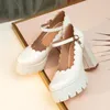 Dress Shoes Rhinestone metalen gesp zoete hoge hakken gegolfd dik hielplatform witte dames pompen lente en zomerhoogte toename1