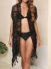 Women's Swimwear Women Tassel Bikini Cover-Ups Solid Color See-Through Short Sleeve Open Front Beach Cardigan Sunscreen Blouse