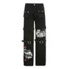Yiciya y2k punk czaszki druk czarne spinki klamry harajuku wysoko talia duże spodnie kieszonkowe Goth Mall Grunge Spodnie Techwear