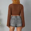 Women's Sweaters Women's Y2k Knit Cropped Top Crochet Cutout Long Sleeve T Shirt Summer Sun Protection Breathable Patch Shorts