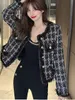 Womens Jackets HMA Elegant Korean Chic Tweed Women Jacket Long Sleeve ONeck Spring Coat Fashion Single Breasted Femme 230223