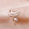 Bandringar Resizable Pearl and Star Pendant Copper Rings for Women 2 Layer Zircon Female Open Finger Rings for Girl Friend Valentines Gift G230213