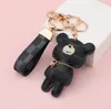 Bear Print Mönster PU -läder Key Rings Animal Keychains biltillbehör Väska Ring Lanyard Wallet Chain Rope Set Wholesale
