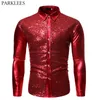 Chemises décontractées pour hommes Chemise Disco à paillettes rouges métallisées pour hommes Marque à manches longues Chemises à paillettes pour fête de mariage Danse Prom Clubwear Costume S-XL 230223