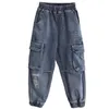 Jeans hiphop pojkar sidofickor jeans last harem byxor barn jeans avslappnad blå denim elastisk midja jeans lösa byxor pojke byxor 230223