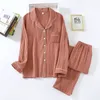 Women's Sleepwear spring and autumn pure cotton crepe cloth couple soft and breathable men long-sleeve simple home service women two piece set 230223