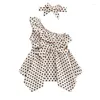 Ensembles de vêtements Toddle Girls' Dress Lovely Suits Summer Casual Dots Imprimé Épaules inclinées Volants Ourlet irrégulier avec ceinture Bandeau