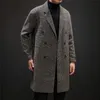 Men's Wool Blends YASUGUOJI Casual Double Breasted Mens Overcoat Winter Houndstooth Jacket Men Turndown Collar Long len Wind Coat 230222